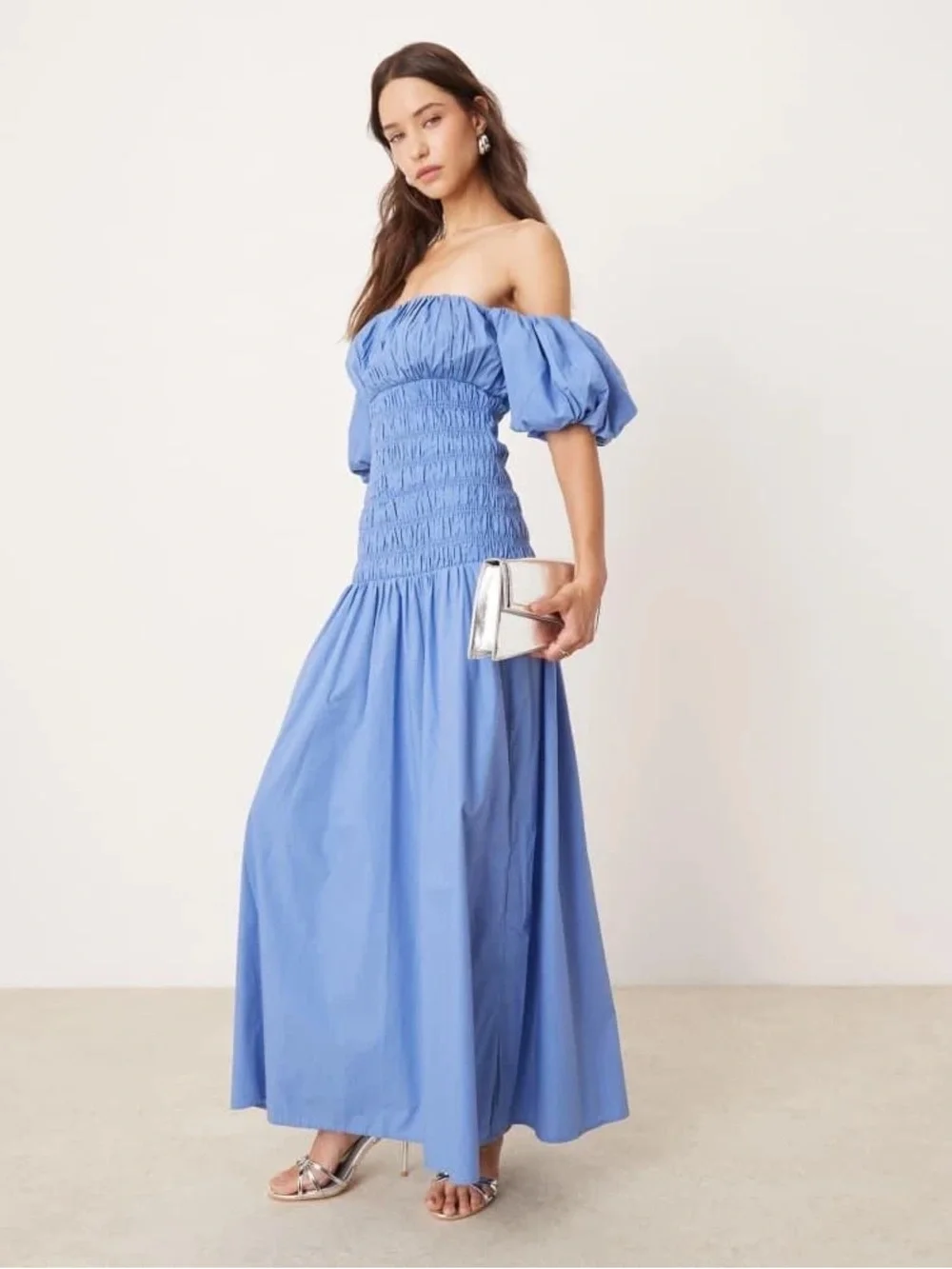 Abercrombie & Fitch off-the-shoulder smocked low waist maxi dress in blue tile print Abercrombie & Fitch off-the-shoulder smocked low waist maxi dress in blue tile print